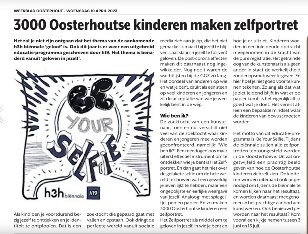 Artikel Weekblad Oosterhout over educatieproject voor basisschoolleerlingen voor de Biënnale 2023